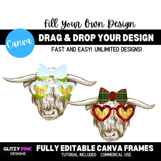 Highland Cow Canva Frame, Cow Editable Canva Frame Template, Highland Cow PNG, Fill Your Design Canva Frame,  Canva Frame Bundle