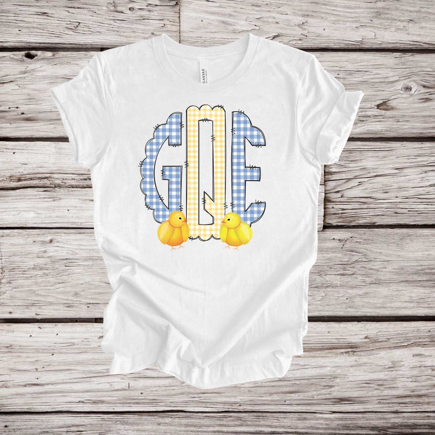 Blue and Yellow Gingham with Easter Chicks Doodle Scallop Monogram,  Easter Monogram Alphabet, Easter Doodle Monogram, Instant Download