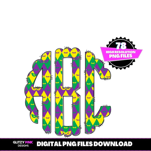 Mardi Gras Mask Doodle Scallop Monogram, Mardi Gras Alphabet, Mardi Gras Monogram, Mardi Gras Fonts, Fat Tuesday Fonts,  Instant Download