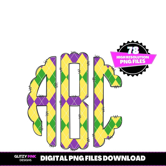 Mardi Gras Argyle Doodle Scallop Monogram, Mardi Gras Alphabet, New Orleans Monogram, Mardi Gras Fonts, Fat Tuesday Fonts,  Instant Download