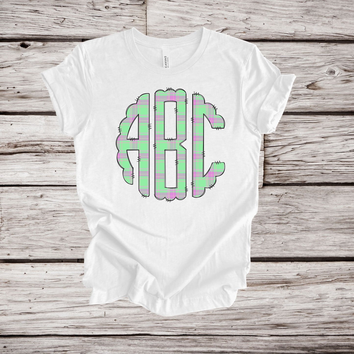 Green Pink Tartan Plaid Doodle Scallop Monogram,  Easter Monogram Alphabet, Tartan Monogram,  Easter Green Plaid Fonts,  Instant Download