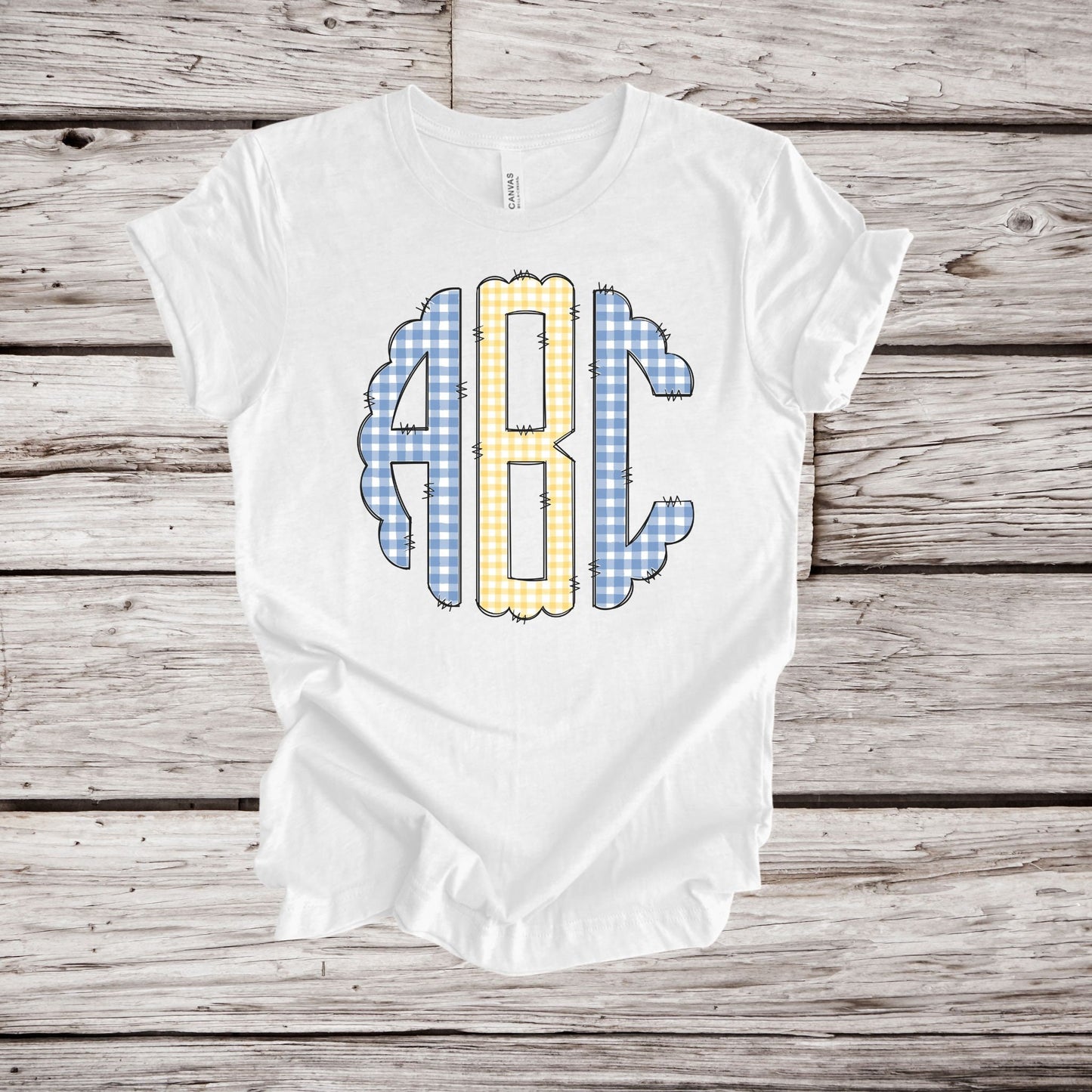 Blue and Yellow Gingham Doodle Scallop Monogram,  Easter Monogram Alphabet, Easter Doodle Fonts Monogram, Gingham Fonts,  Instant Download