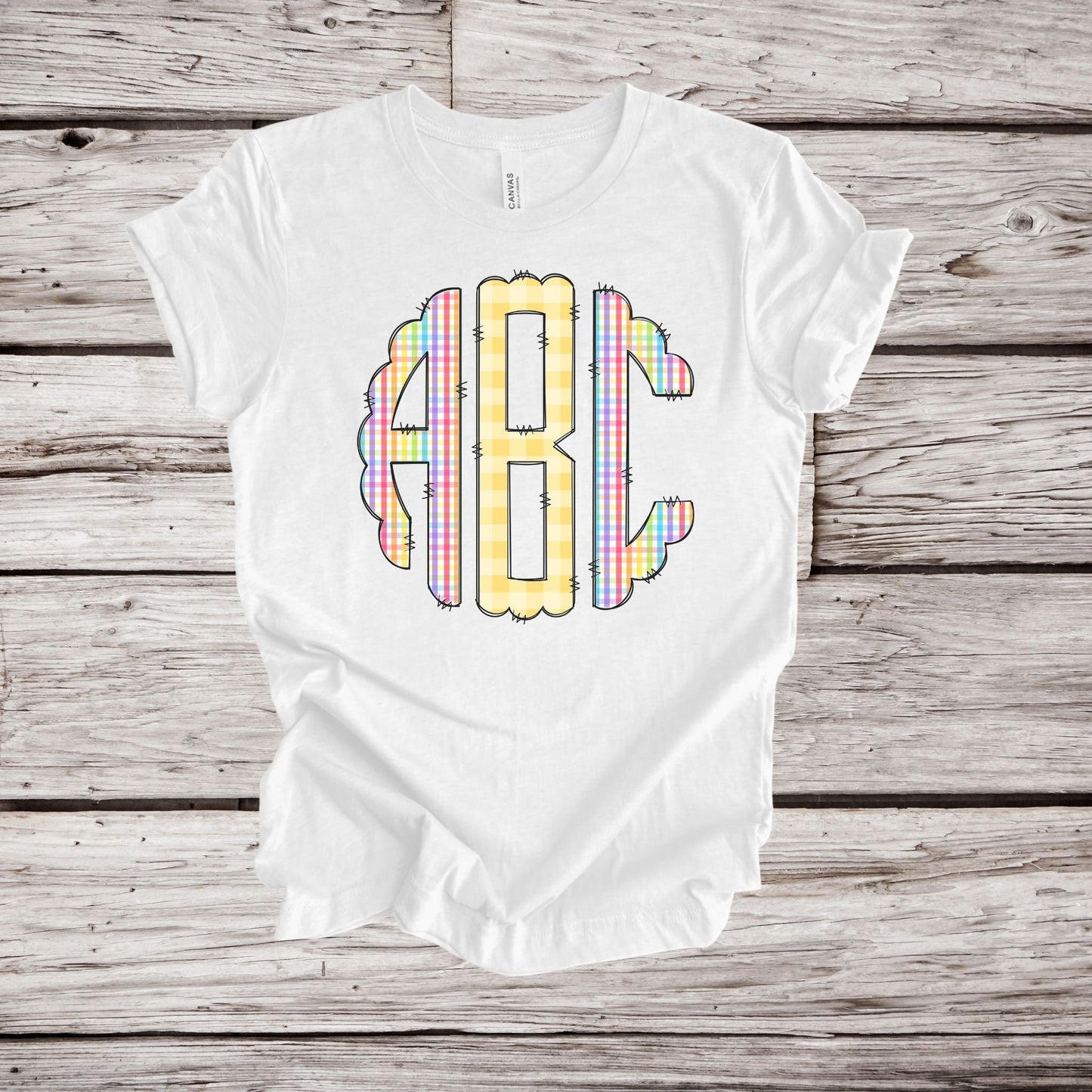 Rainbow Gingham Doodle Scallop Monogram,  Easter Monogram Alphabet, Easter Doodle Fonts Monogram, Gingham Fonts,  Instant Download